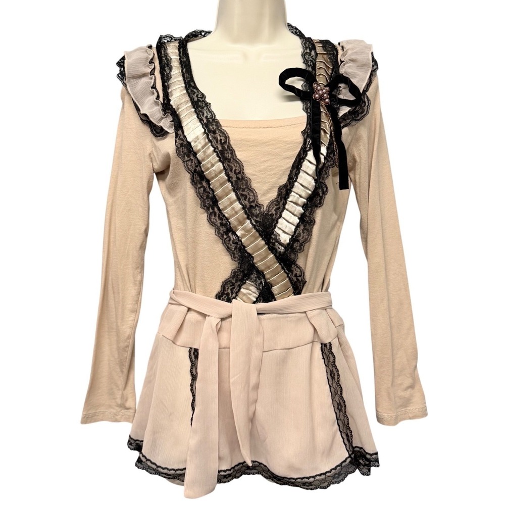 Vtg Sugar Lips Top Womens M Lace Romantic Goth Coquette Peplum Twee Bow Ethereal